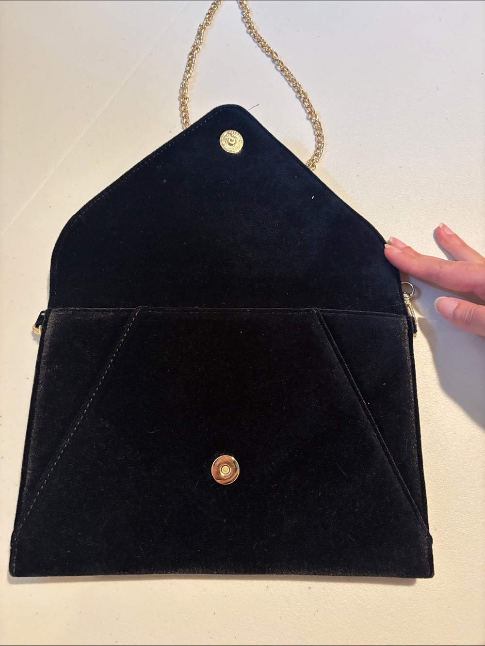 Black Velvet Evening Clutch with Gold Chain and Crystal Brooch - Picture 3 of 5
